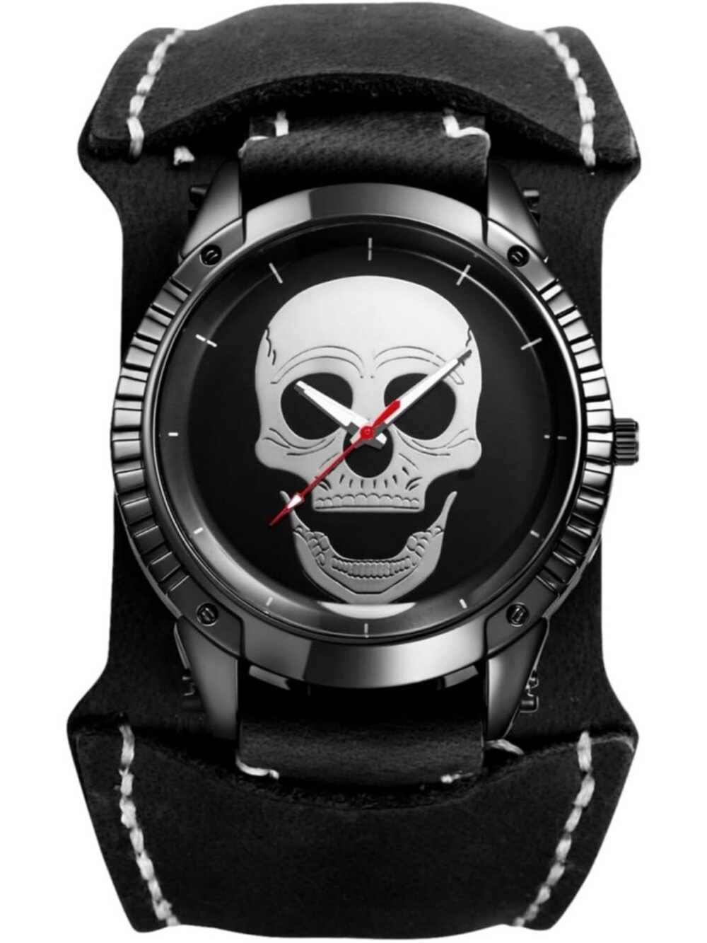 Men's Black Analog Quartz Steampunk Leather Gothic Skull Wide Cuff Wrist Watch